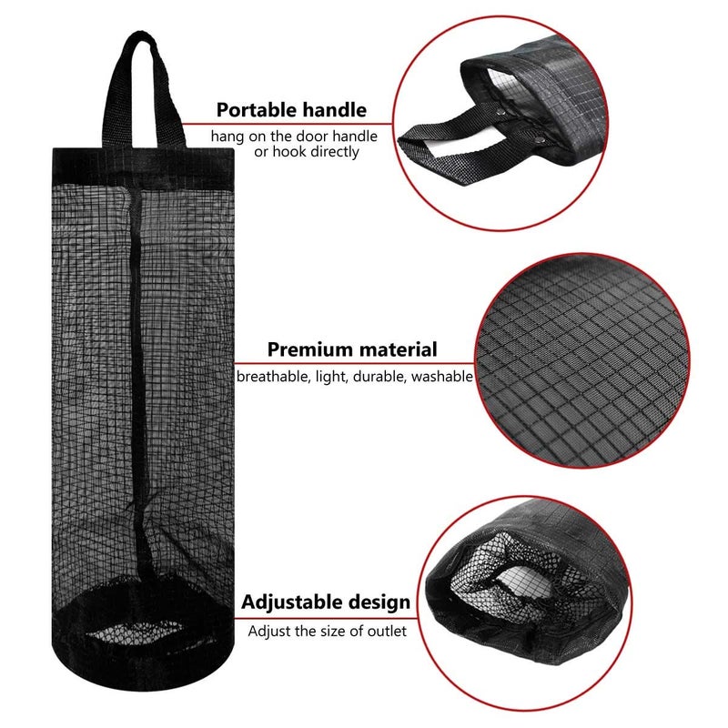 TTSAM 2 Pcs Plastic Bag Holder Trash Bags Storage Dispenser Organizer for Home Kitchen Mesh Hanging Storage Dispensers Recycling Garbage Folding Hanging Storage Bag Grocery Bags Holder with 2 Hooks (Black) - Image 4